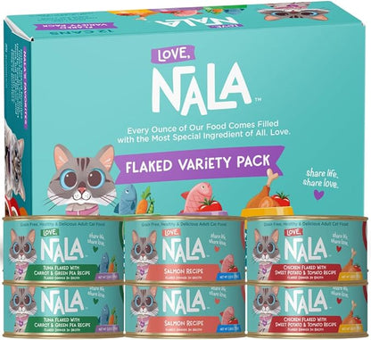 LOVE, NALA - Natural Adult Cat Wet Food - FLAKED Variety Pack - Salmon, Tuna, Chicken - Grain Free, Non-GMO, Lean Protein, Omega 3, Digestive Fiber Blend, Added Minerals & Vitamins - 12 Pack