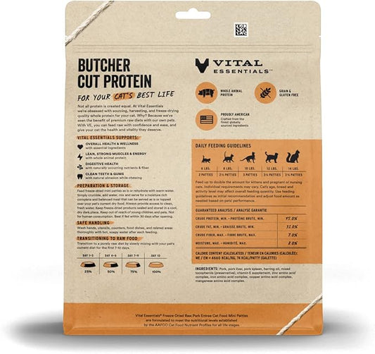 Vital Essentials Freeze Dried Cat Food, Raw Pork Mini Patties Entree 8 oz