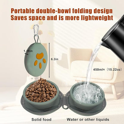 2-in-1 Collapsible Silicone Pet Bowl Double Compartment Portable Dog Cat Dish with Carabiner Clip for Travel Camping Hiking (Green)