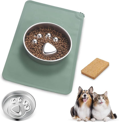 Stainless Steel Slow Feeder Dog Bowls – Non-Slip Metal Dog Bowl for Large & Medium Breeds, Puppy Puzzle Feeder – 2 Cup Capacity for Small to Big Pets – Durable Slow Feed Dog & Cat Food Dish with Mat