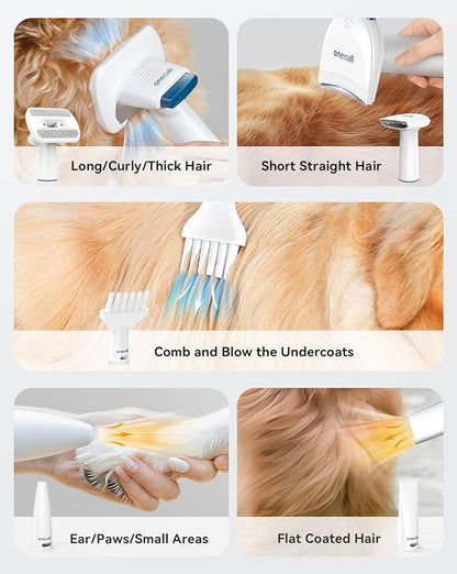 oneisall Dog Vacuum & Dryer for Shedding Grooming, 8 in 1 Dog Grooming Kit with Metal Blades Pet Clippers, Adjustable Speed and Temperature Control Blower