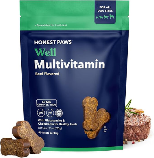 Honest Paws (90 Count) Dog Multivitamin Soft Chews with 10 Essential Vitamins - Joint, Coat, Immune, Eye & Heart Support - with Glucosamine, Chondroitin & Omega-3 - Beef Flavor