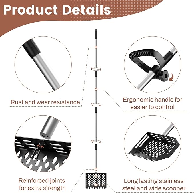 2-in-1 Chicken Poop Scooper & Rake,10" Wide Metal Sand Sifting Shovel with Grip,Chicken Coop Scoop for Poop Shavings Cleaning,Litter Scooper for Chicken Coop Accessories,Adjustable Handle (24" to 66")