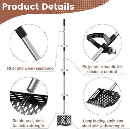 2-in-1 Chicken Poop Scooper & Rake,10" Wide Metal Sand Sifting Shovel with Grip,Chicken Coop Scoop for Poop Shavings Cleaning,Litter Scooper for Chicken Coop Accessories,Adjustable Handle (24" to 66")