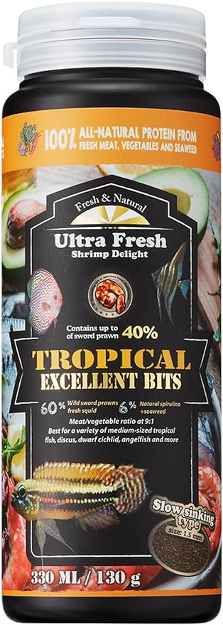 Ultra Fresh Tropical Fish Food, Wild Sword Prawn, Natural Color Enhancement, Slow Sinking Pellet for Discus, Angelfish, Medium Sized Cichlids and Fish, Tropical Excellent Bits 4.6 oz