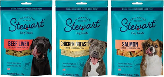Stewart Freeze Dried Raw Dog Treats Bundle: Pup’s Preferred Variety, Beef Liver 4 oz + Chicken Breast 3 oz + Salmon 2.75 oz, Single Ingredient Training Treat or Meal Topper