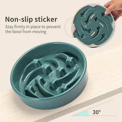 8.26 in Deep Green Dog Bowl Slow Feeder Ceramic for Medium and Large Breed,Slow Feeding Dog Food Water Dish Heavy Weighted,Puppy Dish for Fast Eaters,Puzzle Eating Bowl Meteor