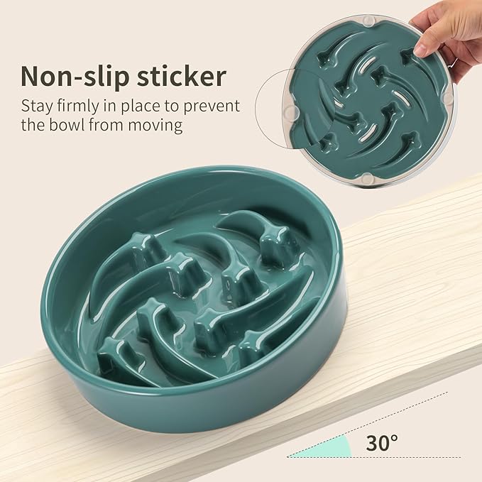 8.26 in Deep Green Dog Bowl Slow Feeder Ceramic for Medium and Large Breed,Elevated/Raised Slow Feeding Dog Food Water Dish Heavy Weighted,Puppy Dish for Fast Eaters,Puzzle Eating Bowl Meteor