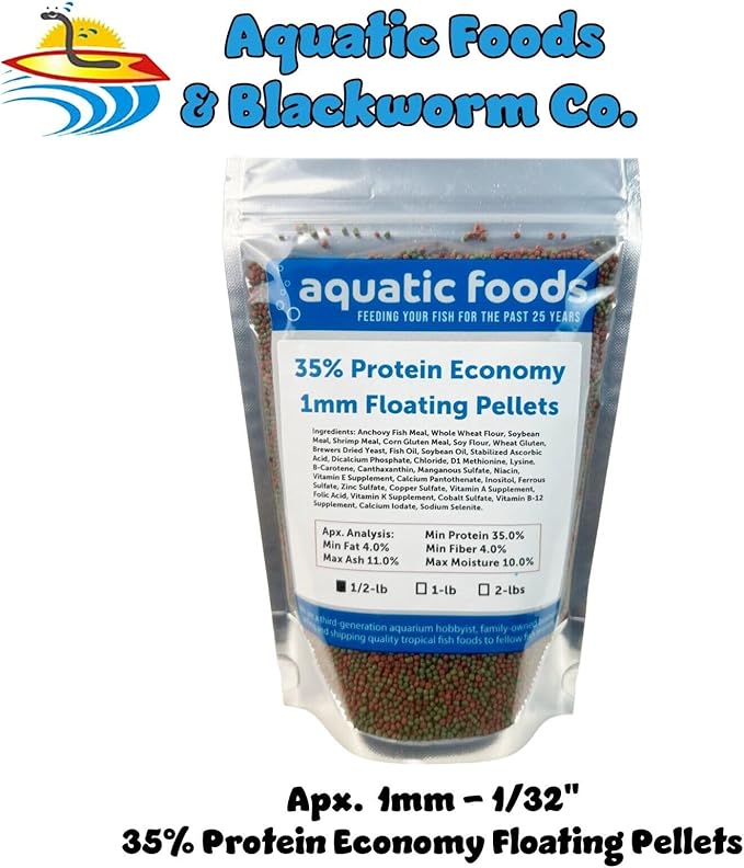Aquatic Foods Inc. 1mm - 1/32, 35% Protein Economy Floating Pellets for All Community Fish, Tetras, Guppies, Angel Fish, Cichlids, Goldfish. All Tropical Fish - WL…1/2-lb Foil Pouch Bag