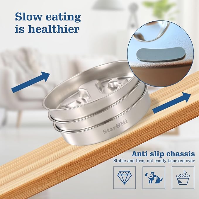 Stainless Steel Slow Feeder Dog Bowls – Non-Slip Metal Dog Bowl for Large & Medium Breeds, Puppy Puzzle Feeder – 2 Cup Capacity for Small to Big Pets – Durable Slow Feed Dog & Cat Food Dish with Mat