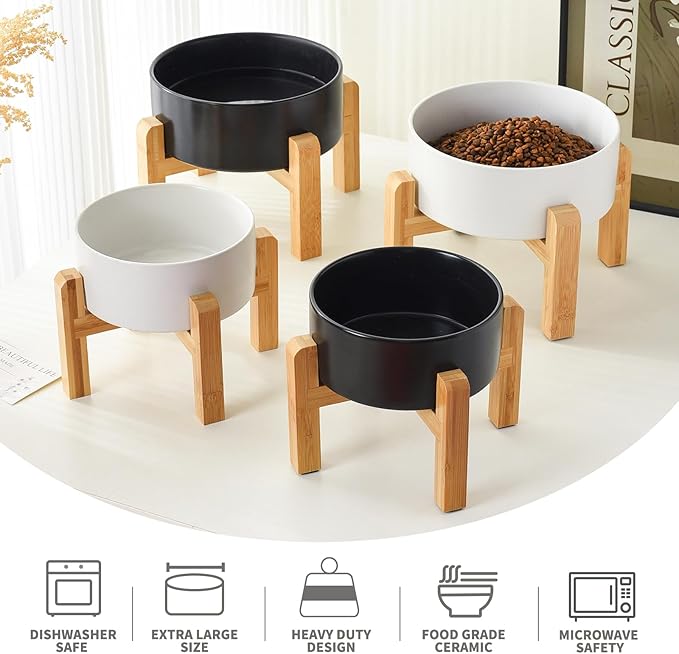 8'' Ceramic Raised Dog Bowl - 70Oz Dog Food & Water Bowl with Elevated Non-Slip Bamboo Stand, Dishwasher & Microwave Safe, Anti Vomiting Heavy Duty Pet Bowl for Medium and Large Dogs, White