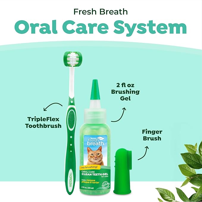 TropiClean Fresh Breath Toothbrush and Toothpaste Kit for Cats, Teeth Cleaning Kit for Plaque & Tartar Removal, Breath Freshener, Cat Dental Care