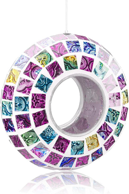 VCUTEKA Bird Feeder Mosaic Fly Through Bird Feeders for Outside Hanging with Round Shape Glass Container to Attract More Wild Birds for Garden, Yard, Backyard, Deck and Porch Decor, Multi 7-Inch