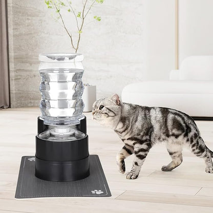 RIZZARI Automatic Cat Water Dispenser: Black 7L Elevated - Stainless Steel Gravity Feeder - Splash Guard Mat