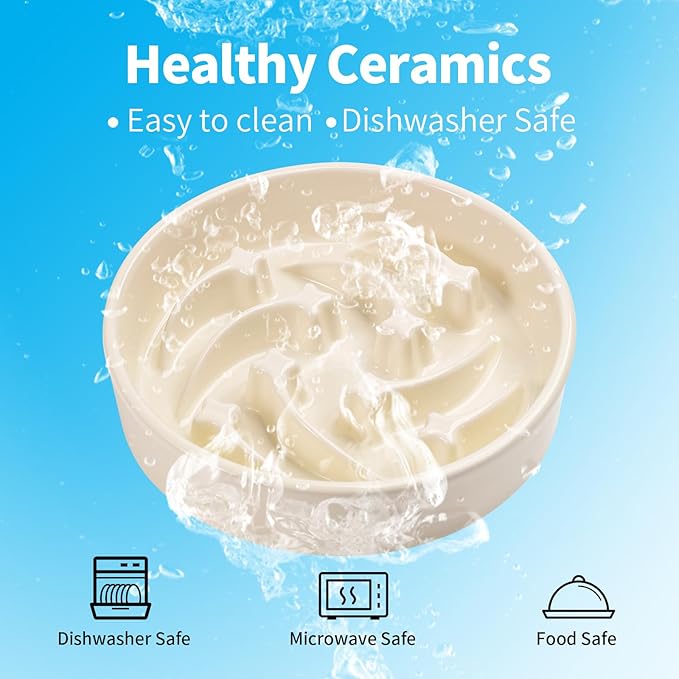 8.26 in Milk White Dog Bowl Slow Feeder Ceramic for Medium and Large Breed,Elevated/Raised Slow Feeding Dog Food Water Dish Heavy Weighted,Puppy Dish for Fast Eaters,Puzzle Eating Bowl Meteor