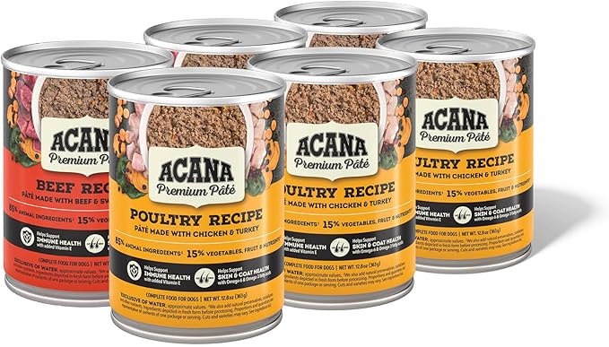 ACANA Premium Pate in Bone Broth Grain-Free Wet Dog Food Variety Pack: Beef + Poultry Recipes 12.8oz Cans (6 Count, 3 of Each)