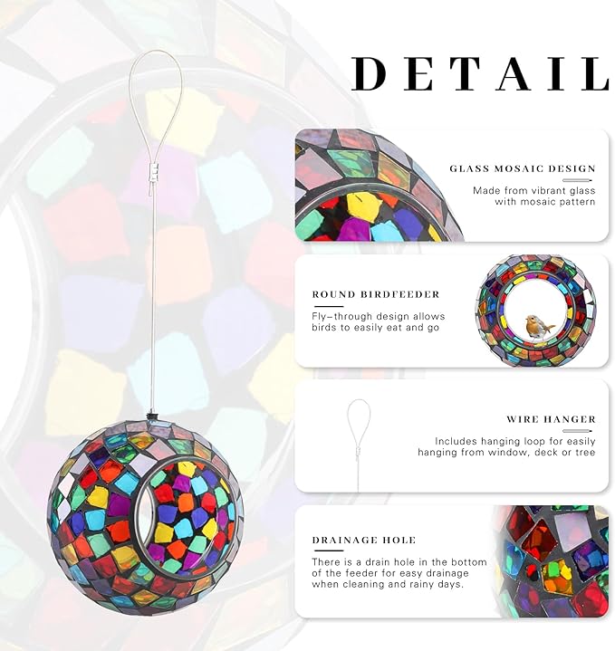 VCUTEKA Bird Feeder Mosaic Fly Through Bird Feeders for Outside Hanging with Round Shape Glass Container to Attract More Wild Birds for Garden, Yard, Backyard, Deck and Porch Decor, Polygon 7-Inch