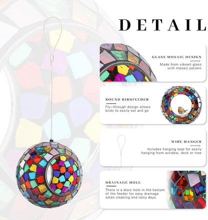 VCUTEKA Bird Feeder Mosaic Fly Through Bird Feeders for Outside Hanging with Round Shape Glass Container to Attract More Wild Birds for Garden, Yard, Backyard, Deck and Porch Decor, Polygon 7-Inch