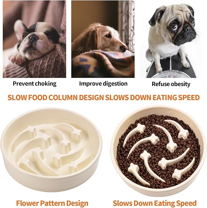 8.26 in Milk White Dog Bowl Slow Feeder Ceramic for Medium and Large Breed,Elevated/Raised Slow Feeding Dog Food Water Dish Heavy Weighted,Puppy Dish for Fast Eaters,Puzzle Eating Bowl Meteor