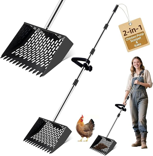 10-inch Large Metal Chicken Poop Scooper＆Rake 2-in-1 with Ergonomic Grip Adjustable Long Handle(36 to 61 Inches) for Cleaning Chicken Sand,Chicken Poop Sifting Shovel,Chicken Coop Accessories﻿