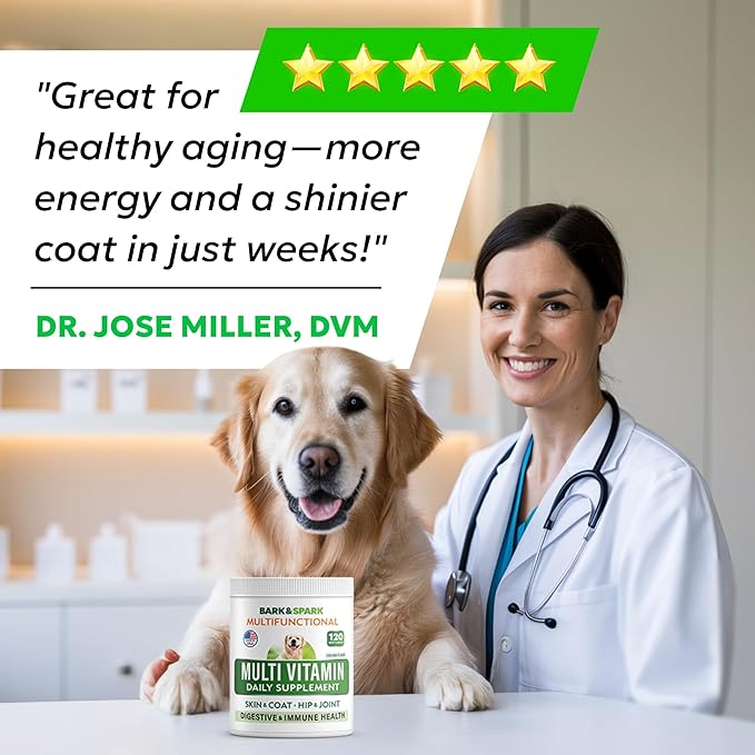 BARK&SPARK Dog Vitamins & Supplements - Multivitamin Chewable Treats for Dogs - Glucosamine Chondroitin for Joint Support + Omega for Skin & Coat + Probiotics - Multi Vitamin for Pets Health - 120Ct