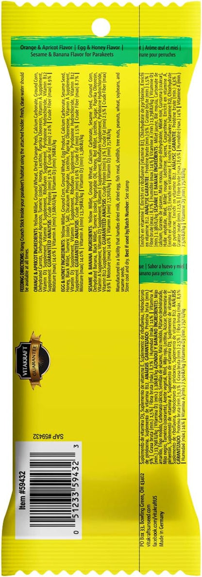 Vitakraft Crunch Sticks Variety Pack: Orange & Apricot Flavor, Egg & Honey Flavor, Sesame & Banana Flavor Treats for Parakeets, 2.4 oz