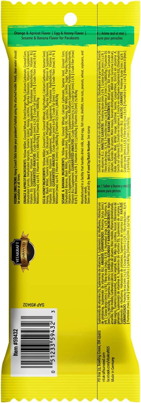 Vitakraft Crunch Sticks Variety Pack: Orange & Apricot, Egg & Honey, Sesame & Banana Flavors for Parakeets, 2.4 oz (Pack of 2)
