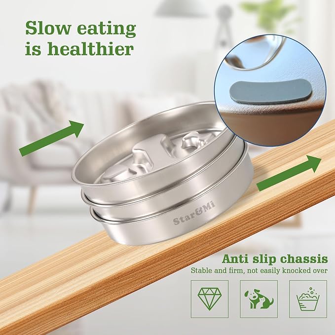 Stainless Steel Slow Feeder Dog Bowls – Non-Slip Metal Dog Bowl for Large & Medium Breeds, Puppy Puzzle Feeder – 2 Cup Capacity for Small to Big Pets – Durable Slow Feed Dog & Cat Food Dish with Mat
