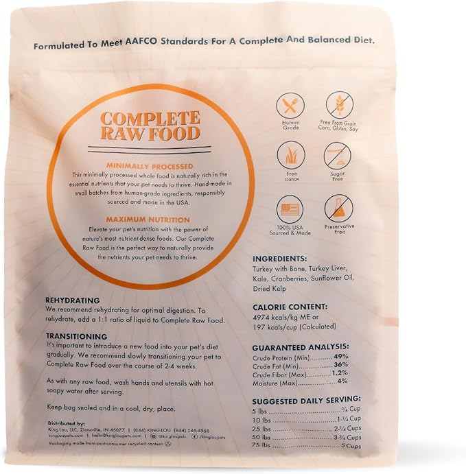 King Lou Pets - Human Grade Raw Food for Dogs and Cats - Complete Meal for Pets - Freeze Dried Turkey Recipe - 14oz