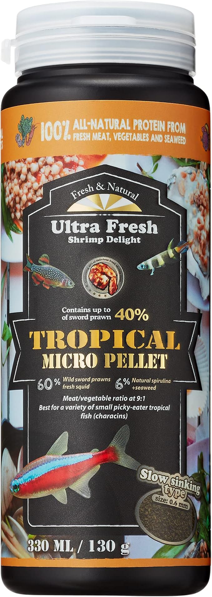 Ultra Fresh Tetra Fish Food, Slow Sinking, All Natural Ingredients, Wild Sword Prawns, Spirulina, Natural Color Enhancement, Small Granules for Small Fish, Tropical Micro Pellet 4.6 oz