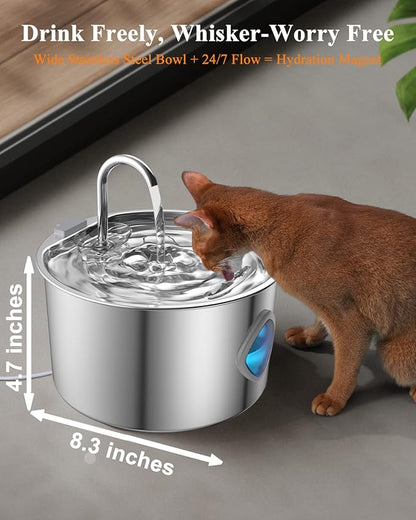 Cat Water Fountain Stainless Steel [3.2L/108oz] Large Capacity Automatic Water Dispenser for Cats Indoor with 3 Filters Kit, LED Water Level Window, Easy to Clean, Ideal for Cats Dogs Multi-Pet Home