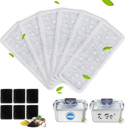 6 Pack Dog Water Fountain Filters and 6 Pack Sponges, Suitable for Stainless Steel 2Gal/264oz Dog Water Fountain (PF-SS-01/PF-SS-02), High Efficiency Filtration, Idividual Package