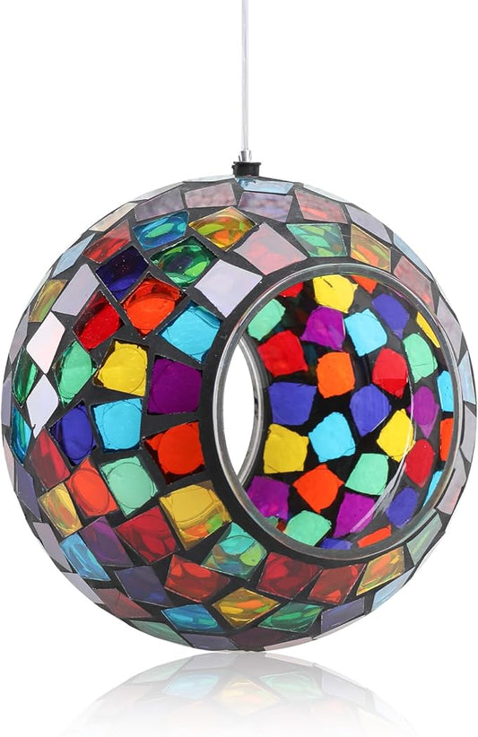 VCUTEKA Bird Feeder Mosaic Fly Through Bird Feeders for Outside Hanging with Round Shape Glass Container to Attract More Wild Birds for Garden, Yard, Backyard, Deck and Porch Decor, Polygon 7-Inch