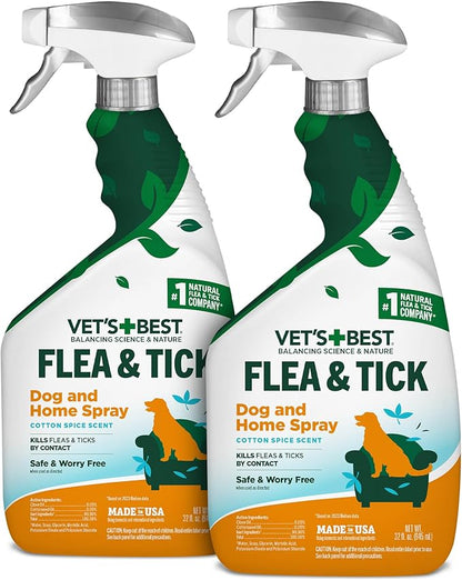 Vet's Best Natural Indoor Flea and Tick Spray – Dog Flea and Tick Treatment for Home, Plant-Based Formula with Natural Oils, Kills Fleas, Eggs & Ticks on Contact, USA Made, Cotton Spice, 32 oz, 2-Pack