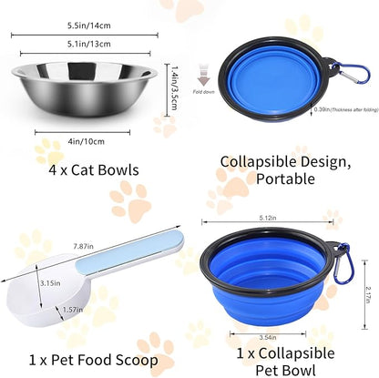 ACEONE Cat Bowls Stainless Steel, 4 Pack Whisker Friendly Cat Dishes for Food and Water, Metal Whisker Fatigue Pet Bowl for Small Dogs and Cats, 12oz