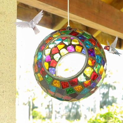 VCUTEKA Bird Feeder Mosaic Fly Through Bird Feeders for Outside Hanging with Round Shape Glass Container to Attract More Wild Birds for Garden, Yard, Backyard, Deck and Porch Decor, Polygon 7-Inch