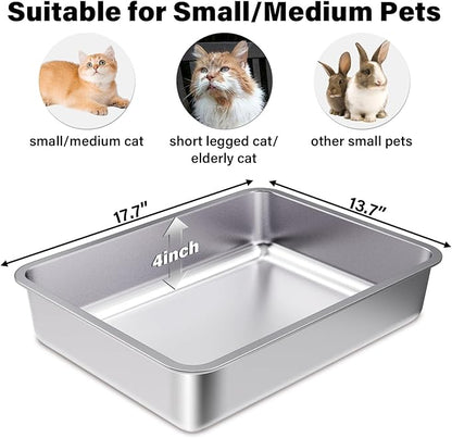 Stainless Steel Litter Box Small to Medium,17.7" x 13.7" x 4" Litter Box for Kittens,Easy Clean Non Stick Easy Entry No Smell Metal Litterbox for Senior Cats or Short Legged Cat/Bunny