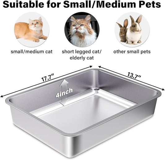 Stainless Steel Litter Box Small to Medium,17.7" x 13.7" x 4" Litter Box for Kittens,Easy Clean Non Stick Easy Entry No Smell Metal Litterbox for Senior Cats or Short Legged Cat/Bunny