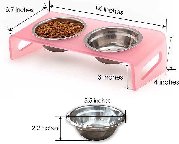 Tilted Raised Elevated Food and Water Bowls Stand for Cat or Small Dogs - Puppy's Clear Acrylic Stainless Steel Dishes Holder for Boy or Girl Pet,Modern,Durable and Easy to Clean by WBhonghui (Pink)