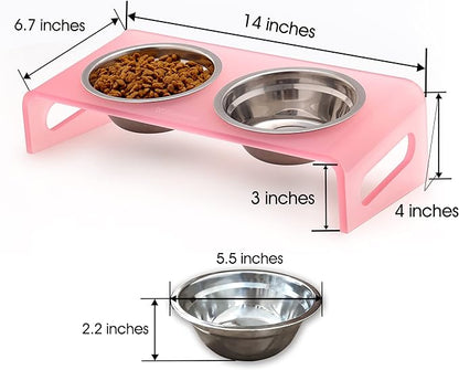 Tilted Raised Elevated Food and Water Bowls Stand for Cat or Small Dogs - Puppy's Clear Acrylic Stainless Steel Dishes Holder for Boy or Girl Pet,Modern,Durable and Easy to Clean by WBhonghui (Pink)