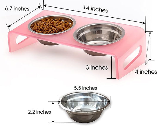Tilted Raised Elevated Food and Water Bowls Stand for Cat or Small Dogs - Puppy's Clear Acrylic Stainless Steel Dishes Holder for Boy or Girl Pet,Modern,Durable and Easy to Clean by WBhonghui (Pink)