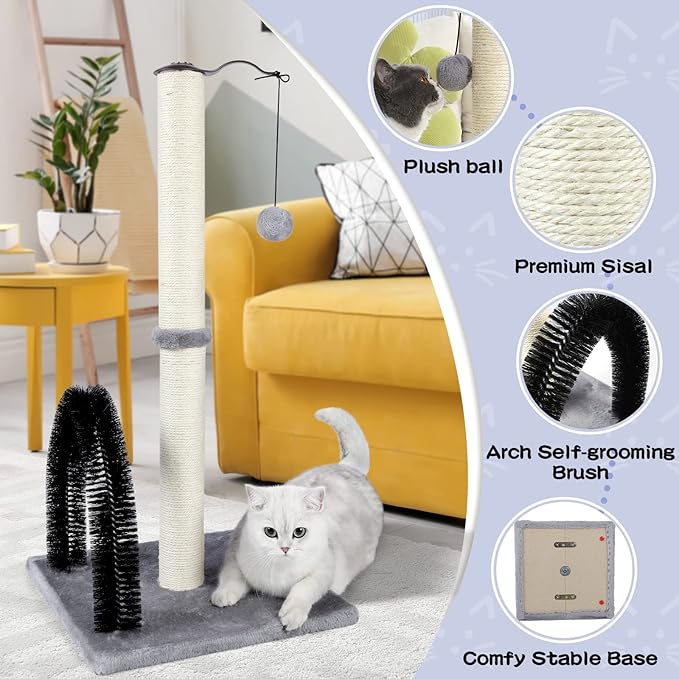 ANWA Tall Cat Scratching Post with Arch Self Groomer Massager, 32" Scratching Post for Indoor Cats from Kitten to Adult Cats, Stable Sisal Cat Post with Extra Interactive Dangling Plush Toy
