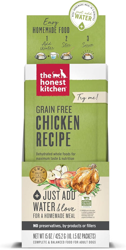 The Honest Kitchen Human Grade Dehydrated Grain Free Dog Food – Complete Meal or Dog Food Topper – Chicken 10-Pack of 1.5 oz Sachets