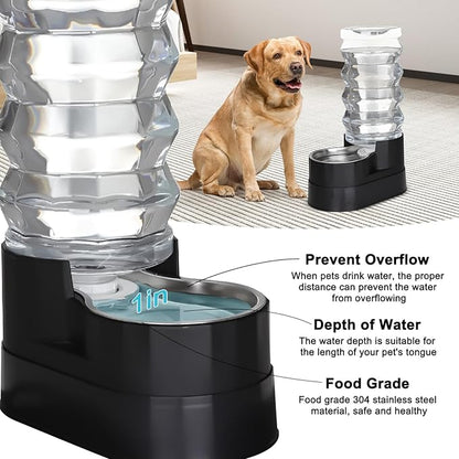 RIZZARI Upgraded Automatic Dog Water Dispenser: 9L Black Gravity Large Stainless Steel Raised Pet Feeder with Filter - Includes 2 Extra Filters & 2 Bottle Caps - Pet Feeder for Dogs Indoor Outdoor
