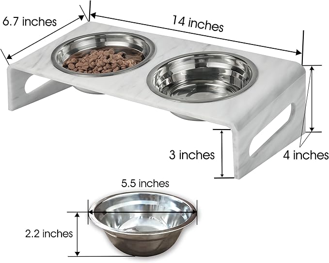 Tilted Raised Cat Bowls, Elevated 15°Orthopedic Bowls for Puppy or Dog, 4 Stainless Steel Pet Feeding Food Dishes Set, Durable Acrylic Stand, Easy to Clean (Marble)