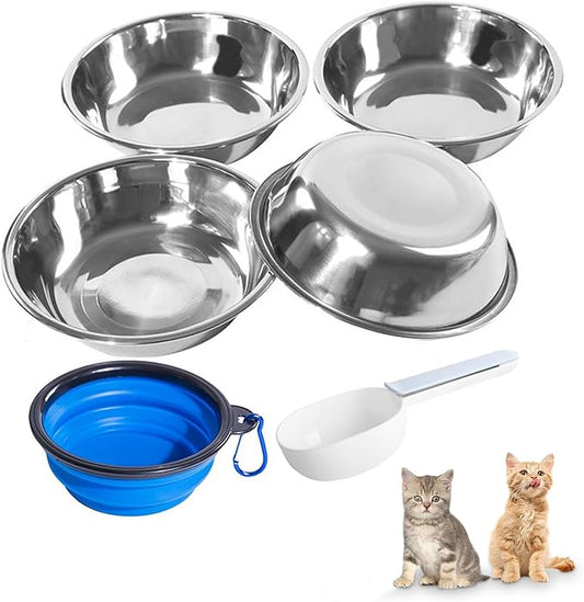 ACEONE Cat Bowls Stainless Steel, 4 Pack Whisker Friendly Cat Dishes for Food and Water, Metal Whisker Fatigue Pet Bowl for Small Dogs and Cats, 12oz