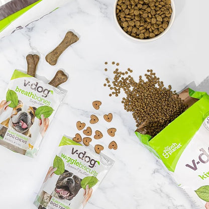 V-dog Plant Based Mini Kibble Dog Food, Blueberry Wiggle Biscuits, Breath Bones, Jerky Treats - 4.5LB Complete Vegan Nutrition for Small Dogs