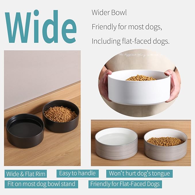 White Dog Bowl Ceramic for Medium Large Breed, Heavy Weighted Dog Food Water Feeder Dish, Non - Slip Modern Cute Extra Big Porcelain 8 in Pet Bowl Maze