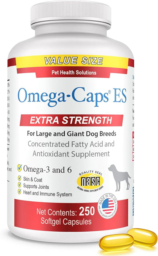 Extra Strength for Large and Giant Dogs Value Size Omega-3 and Omega-6 Fatty Acid Antioxidant Supplement Vet Formulated Made in USA Skin Coat Joint Heart and Immune Health 250 Softgel Capsules