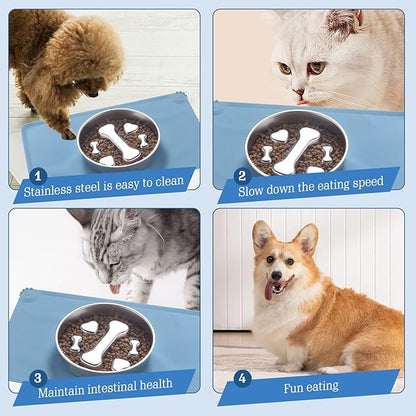 Stainless Steel Slow Feeder Dog Bowls – Non-Slip Metal Dog Bowl for Large & Medium Breeds, Puppy Puzzle Feeder – 2 Cup Capacity for Small to Big Pets – Durable Slow Feed Dog & Cat Food Dish with Mat